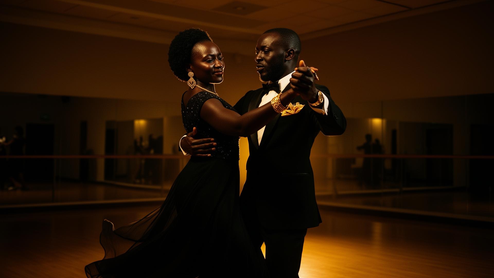 Couple dancing salsa in a Nairobi studio